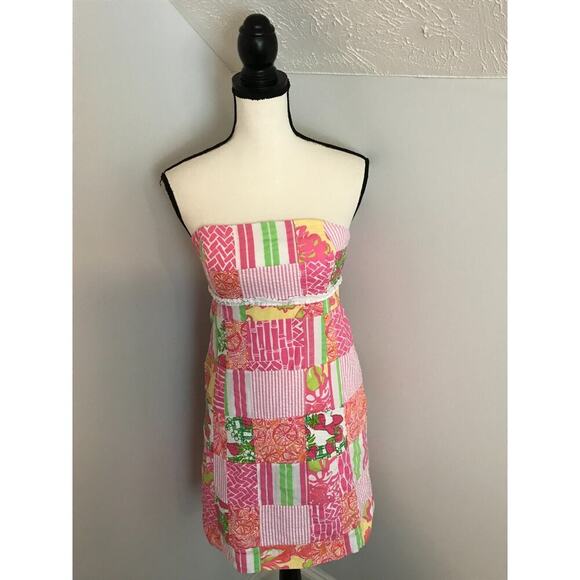 Lilly Pulitzer Bowen Buy Local Sewn Patch Patchwork Strapless Dress - Size 4 - Picture 1 of 9